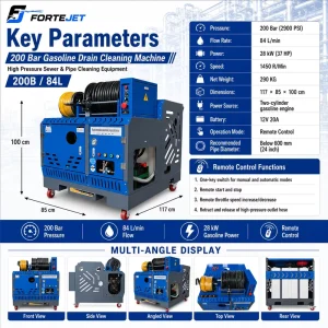 500L Tank Hydro Jetter 200bar 84L/min 37hp Dual Reel Remote Pipe Cleaner for 50-800mm Drains
