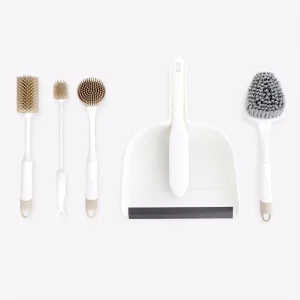 6-Piece Household Kitchen Cleaning Brush Set with Silicone Baby Bottle Brush, Dish Brush, Small Broom, and Dustpan