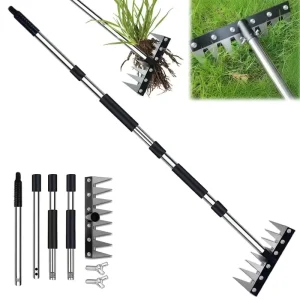 8-Tooth 4Section Steel Handle Garden Rake & Hoe Telescopic & Sturdy