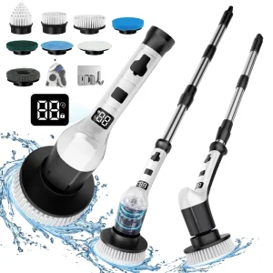 8 in 1 Long Handle Electric Spin Scrubber Electric Cleaning Brush 3 Speed LCD Display Fast Charge 100Mins Household Scrub Tool