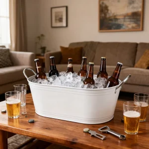 8.4 Gallon White Oval Metal Beverage Tub Ice Bucket for Beer and Wine