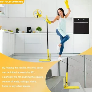 90° Foldable-Panel Dust Mop, Long-Handle Wet and Dry Flat Floor Duster for Stairs and Laminate
