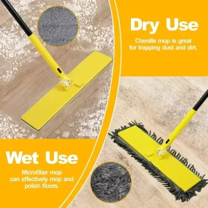 90° Foldable-Panel Dust Mop, Long-Handle Wet and Dry Flat Floor Duster for Stairs and Tile