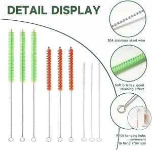 9PCS Reusable Long Colored Straw Cleaner Brush Set with Different Bristle Sizes Wide Range of Uses
