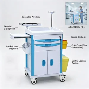 ABS Hospital Treatment Nursing Trolley Locking Medical Procedure Cart with Storage Dividers