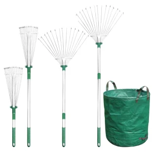 Adjustable Garden Leaf Rake Collapsible Telescopic Metal Rake With Reusable Waste Bag for Landscaping Garden Supplies