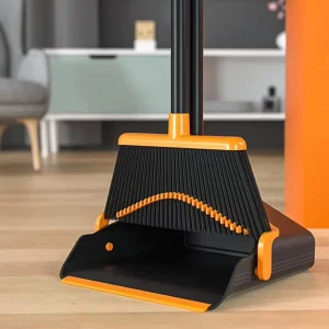 Adjustable Long Handle Steel Broom and Dustpan Set Upright Storage Hair-Resistant Cleaning Combo for Home and Office