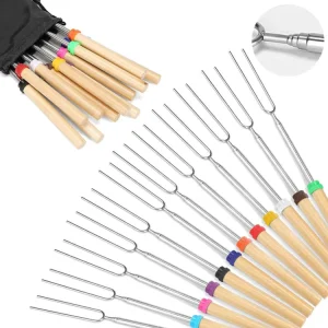 Adjustable Marshmallow Skewers Roasting Sticks Tools Bbq Extendable Forks for Campfire Camping Stove With Wooden Handle
