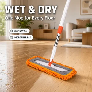 Adjustable Steel-Handle Wet and Dry Microfiber Flat Mop for Wood Floors with 360-Degree Rotation