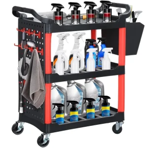 Auto Detailing Cart with Wheels 3 Tier Rolling Detail Cart with Long Hooks Hanging Bucket Car Wash Organizer Cart