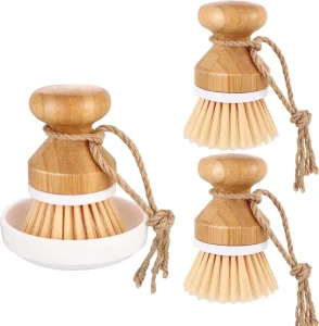 Bamboo Dish Washing Brush Set Wooden Bamboo Scrubbing Plate with Ceramic Dish Brush Holder Eco Friendly Cleaning Brushes