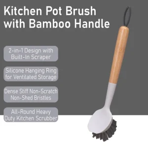 Bamboo Handle Dish Brush with Built-in Scraper Non-Scratch Pot Brush with Long Handle