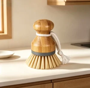 Bamboo Pot Scrubber with Wooden Stamped Head for Kitchen Dishwashing
