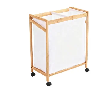 Bamboo Rolling Laundry Sorter Cart 2 Compartment Dirty Clothes Hamper With Removable Fabric Liner Bag Wheels for Laundry Room