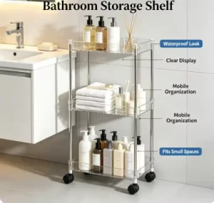 Bathroom Storage Shelf 3 Tier Mobile Rolling Cart Transparent Rack with Wheels for Laundry Room Home Use