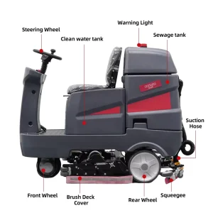 Battery Powered Ride on Floor Scrubber Dryer with Powerful Suction Wide Squeegee for Factory Warehouse and Parking Garage