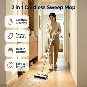 Battery powered 2 in 1 Sweeping Mopping Mop Built in Dustbin Cordless Floor Mop Cleaner for Home Kitchen Dry Wet Stain Cleaning