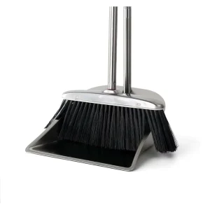 Black Broom with 46-Inch Long Handle Silver Dustpan Brush Combo Heavy-Duty Bristles