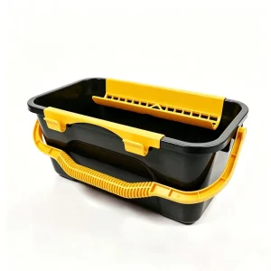 Black PP Mop Bucket with Yellow Handle and Wringer Grid, 12L, for Commercial Floor Cleaning