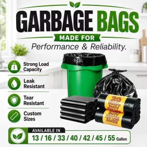 Black Square Bottom Plastic Trash Bags Compostable Biodegradable Custom Logo Open Strong Durable Garbage Bags