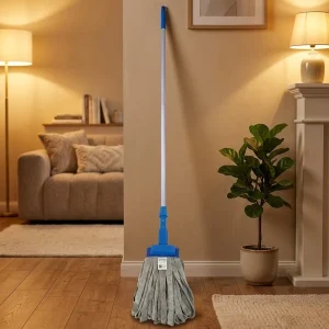Blue Base Strip Mop with Aluminum Pole Gray Flat Fiber Strands Wet Dry Mop for Hotel Home Office Floor Cleaning
