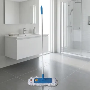 Blue Flat Dust Mop with White Cotton Fringe 360 Swivel Aluminum Handle for Large-Area Office Cleaning