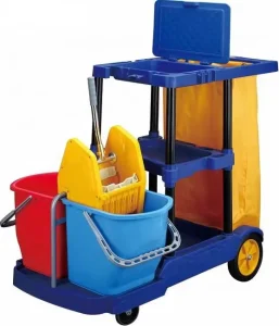 Blue PP Plastic Janitor Cart Cleaning Trolley Multipurpose 150 lb Capacity 4 Wheel