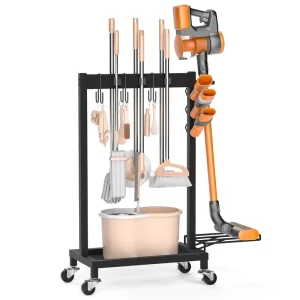 Broom Holder With Cleaning Supplies Organizer Broom Closet Storage Cabinet With Cleaning Caddy Cleaning Cart