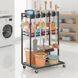 Broom Holder with Cleaning Organizer Closet Storage Cabinet with Mop Hanger Gripper Rack Hooks Cleaning Housekeeping Cart