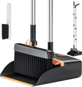Broom and Dustpan Set Cleaning Supplies 48″ Long Stainless Steel Handle Brooms with Upright Dustpan