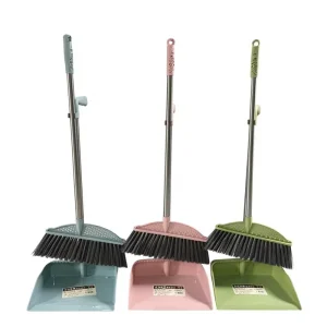 Broom and Dustpan Set Mirror-Polished Stainless Iron Poles Floral Pattern Handle Standing Cleaning Tool