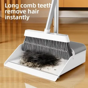 Broom and Dustpan Set with Plastic Handle, Flagged Bristles and Steel Broomstick for Indoor and Outdoor Floors