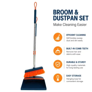 Broom and Dustpan Set with Self-Cleaning Comb Teeth for Pet Hair Cleaning
