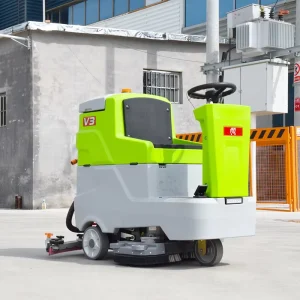 CE-Approved Industrial Ride-on Floor Scrubber with Double Brush, Battery Power and Self-Propelled Drive