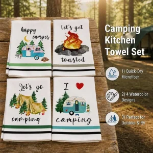 Camping Kitchen Towel Set 4 Watercolor Designs Happy Camper Campfire Tent Quick Dry Microfiber Outdoor Tea Towel