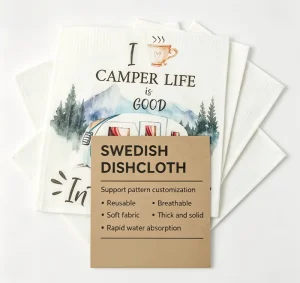 Camping Series Custom Printed Biodegradable Cellulose Sponge Cloth Reusable Kitchen Cleaning Dish Cloth with Pattern Design
