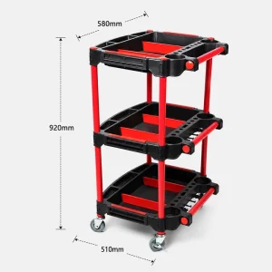 Car Detailing Tool Storage Cart with Handle and Wheels Plastic Rolling Trolley Workshop Cart Size 920x580x510mm