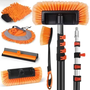 Car Wash Brush Kit Long Telescopic Aluminum Alloy Handle 144″ Soft Microfiber Bristles Window Squeegee Mitt Wheel Brush