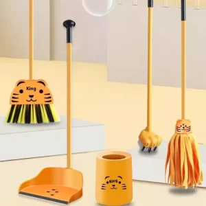 Cartoon Tiger Pattern Handheld PP Broom and Dustpan Set, Medium Bristles, 30 cm