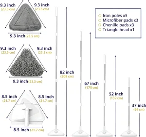 Chenille TPR Squeegee Triangular Mop Stainless Steel Handle Lightweight Heavy Duty Load Bearing Modern Home Office Use Floor
