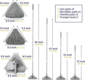 Chenille TPR Squeegee Triangular Mop Stainless Steel Handle Lightweight Heavy Duty Load Bearing Use