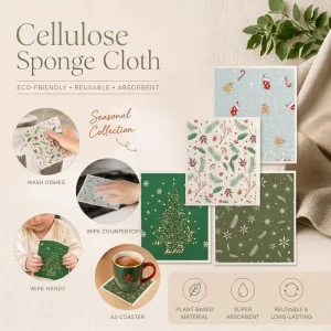 Christmas Holiday Xmas Pattern Reusable Eco Friendly Absorbent Dish Towel Cleaning Rag Swedish Dishcloth Cellulose Sponge Cloth