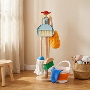Cleaning Play Set Mop Broom Dustpan Duster Foldable Bucket Housekeeping Pretend Kit Montessori Life Skill Toy for Kids
