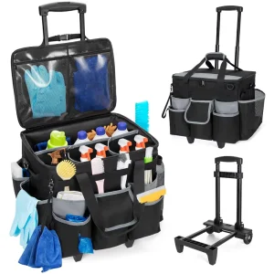 Cleaning Storage Bag Large Rolling Cleaning Caddy with Detachable Trolley Cleaning Cart on Wheels with Shoulder Strap