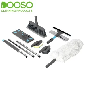 Cleaning Tools Kit with Extension Pole Adjustable Flat Mop Window Squeegee Scrub Sponge and Brush