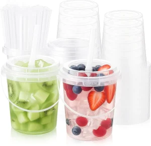 Clear Plastic Drink Buckets 24 oz PP Pails with Lids Straws and Handles Disposable Cups for Ice Cream Party Supplies