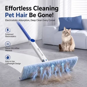 Clip Mop with Extended Lightweight Handle and Electrostatic Adhesion for Pet Hair Dust and Tight Space Corner Cleaning