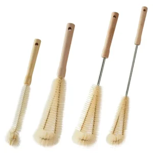 Coconut Bristle Wood Handle Bottle Cleaning Brush Set for Narrow Bottles