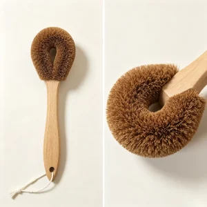 Coconut Palm Pot Brush with Long Wooden Handle for Kitchen Dish Cleaning