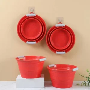 Collapsible Silicone Rubber Fishing Bucket Red Household Foldable Collapsable Camping Ice Water Bucket With Cover